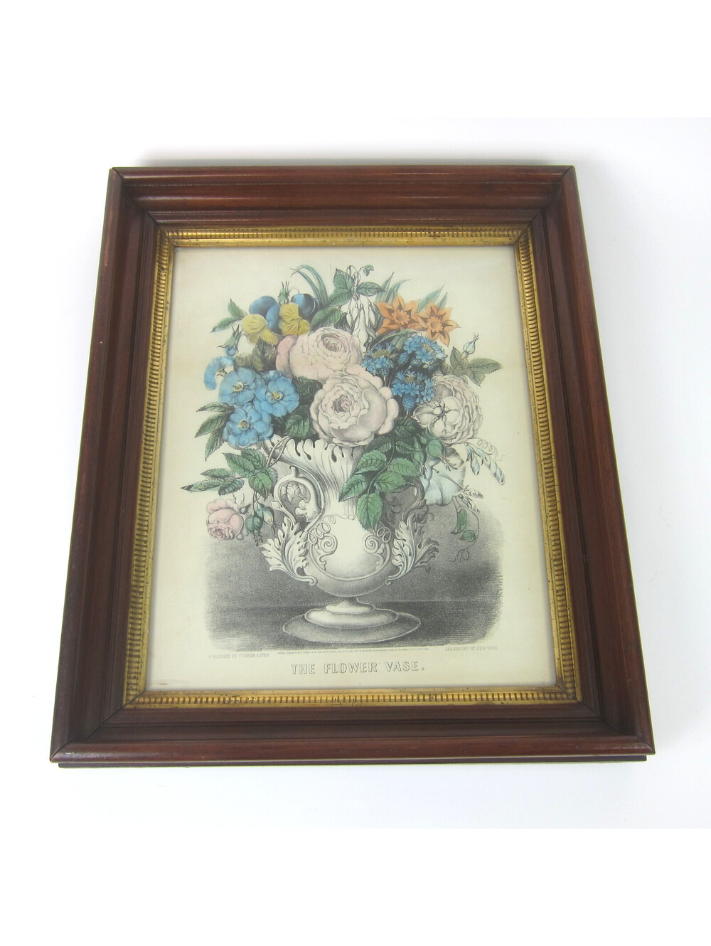 Antique Currier & Ives Hand Colored Litho Print The Flower Vase Deep Well Frame